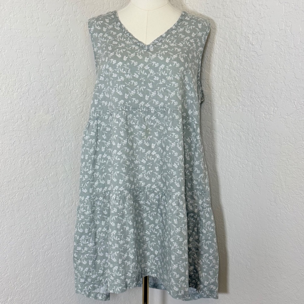 Sleeveless Dress Joie Womens XL Sage Green Floral Linen Tiered V-Neck Mini